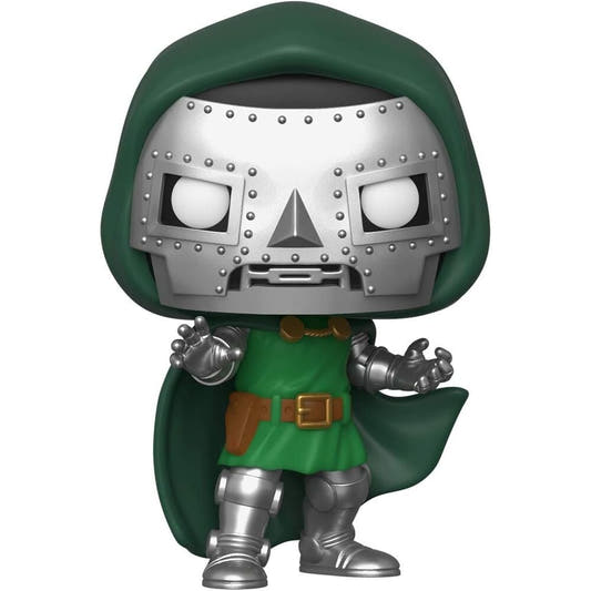 Figura Funko POP! de Doctor Doom con armadura plateada y capa verde