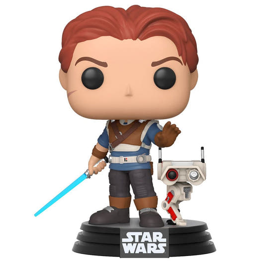 Figura Funko POP! de un Jedi de Star Wars con sable azul y droide