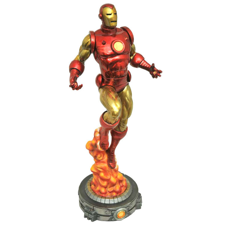 Figura diorama Iron Man Classic de Marvel con armadura roja y dorada sobre llamas