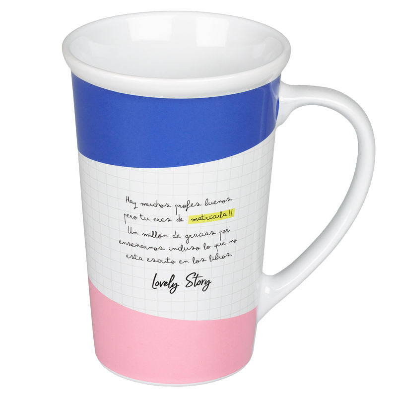 Taza de cerámica LOVELY STORY para profe, con diseño escolar azul y rosa - 3