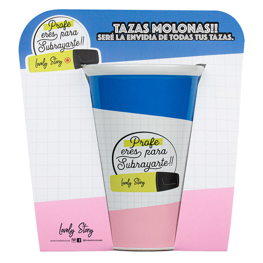 Taza de cerámica LOVELY STORY para profe, con diseño escolar azul y rosa - 2