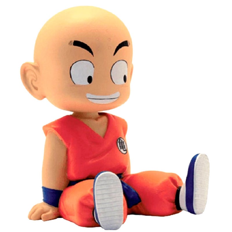Figura hucha Chibi de Krilin de Dragon Ball sentado con uniforme naranja