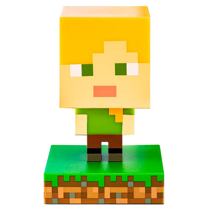 Lámpara pixelada de Alex de Minecraft sobre una base de hierba y tierra