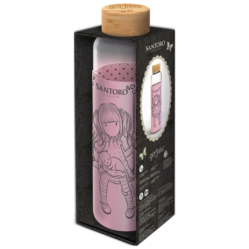 Botella de cristal Gorjuss rosa con funda de silicona en caja regalo