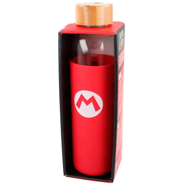 Botella de cristal Super Mario Bros con funda roja y emblema de Mario