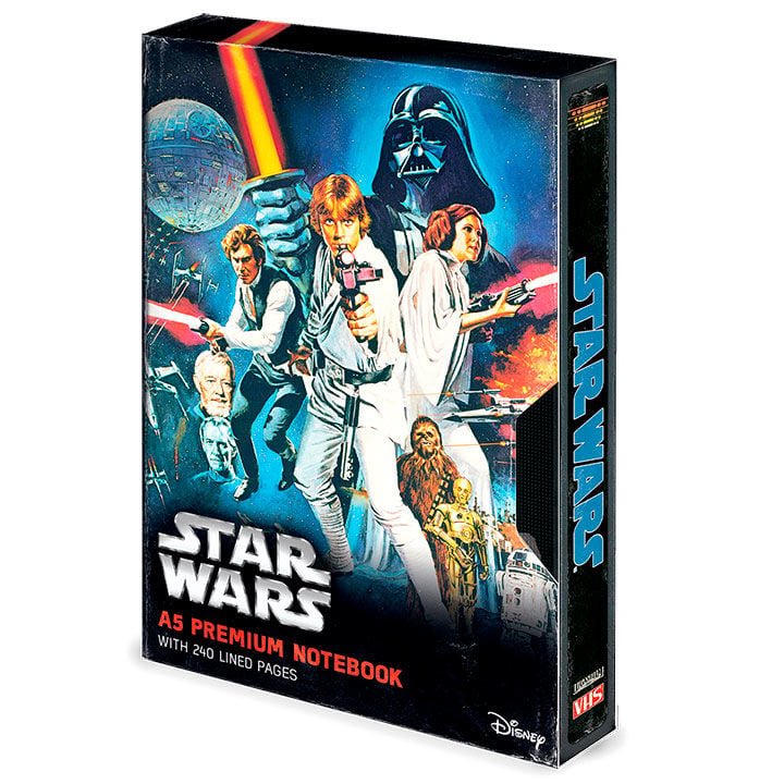 Cuaderno A5 Star Wars con diseño de carátula VHS y personajes de la saga