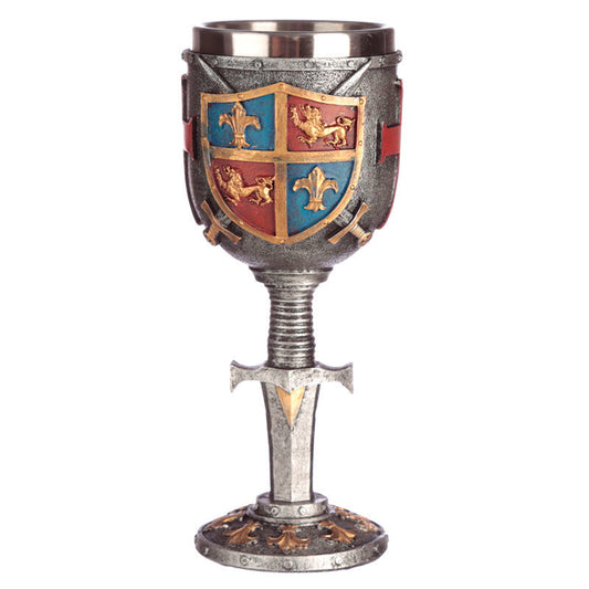 Copa medieval PUCKATOR con escudo heráldico y espada