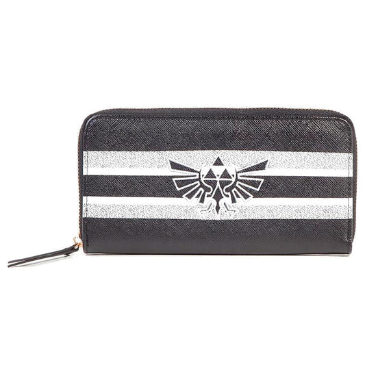 Cartera Zelda Nintendo negra con franjas blancas y emblema frontal