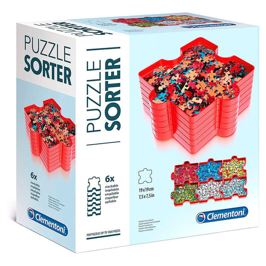 Clasificador Clementoni con seis bandejas rojas apilables para piezas de puzzle