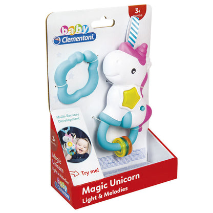 Sonajero musical Clementoni con forma de unicornio, luces y colgantes de colores