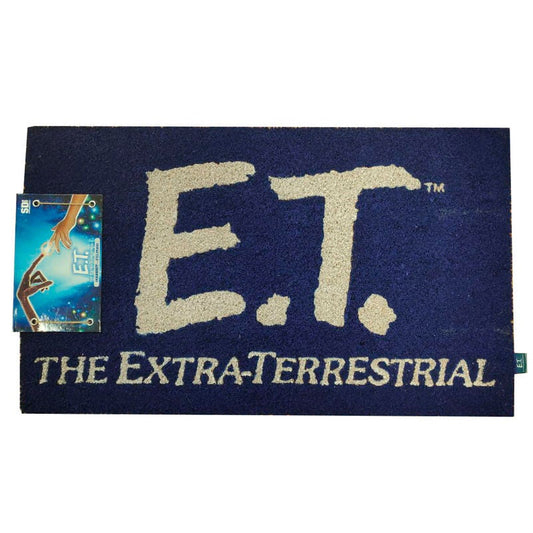Felpudo azul de E.T. The Extra-Terrestrial con logotipo y texto de la película