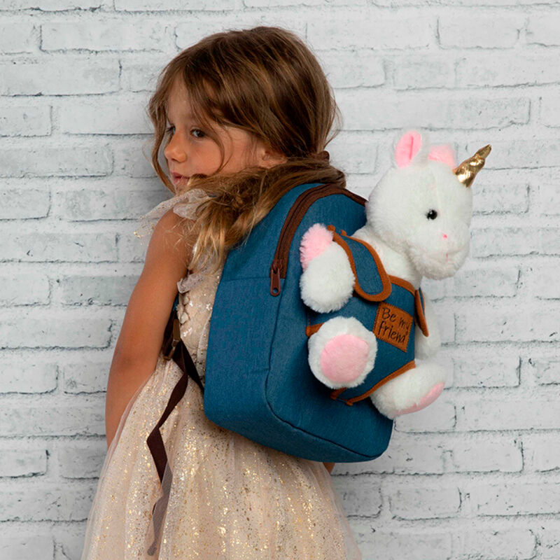 Mochila escolar Perletti azul con peluche de unicornio blanco - 2