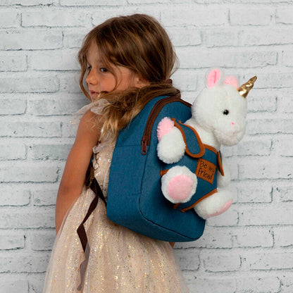 Mochila escolar Perletti azul con peluche de unicornio blanco - 2