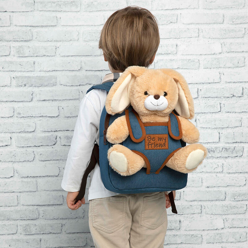 Mochila azul PERLETTI con peluche de conejo beige - 3
