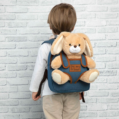 Mochila azul PERLETTI con peluche de conejo beige - 3