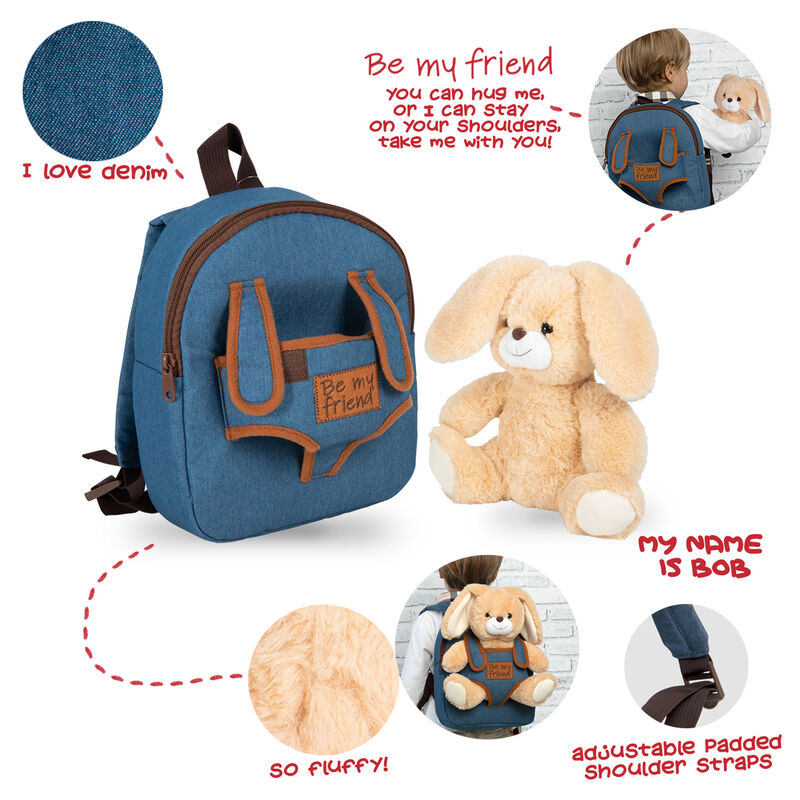 Mochila azul PERLETTI con peluche de conejo beige - 4