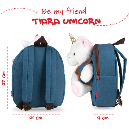 Mochila escolar Perletti azul con peluche de unicornio blanco - 4