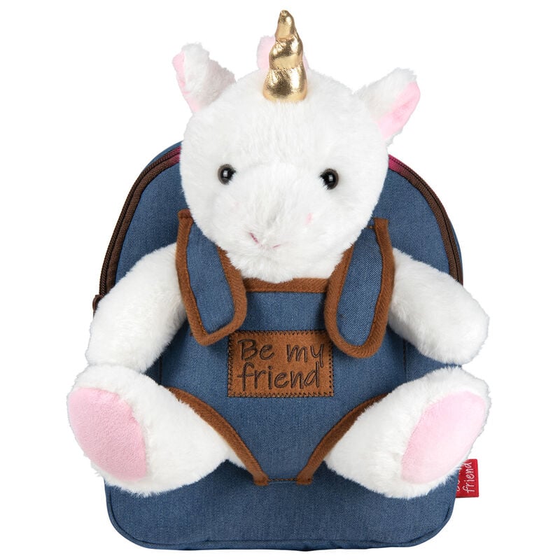 Mochila escolar Perletti azul con peluche de unicornio blanco