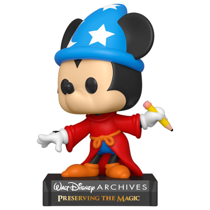 Figura Funko POP! de Sorcerer Mickey con sombrero azul, túnica roja y varita