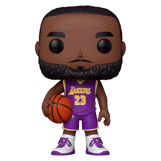 Figura Funko POP de LeBron James con uniforme morado de Lakers y balón