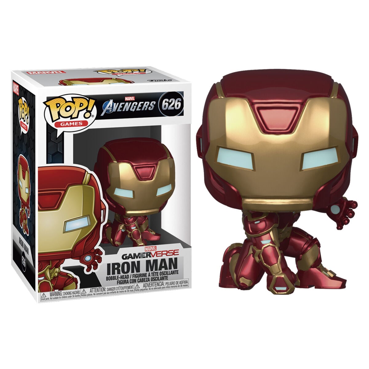 Figura Funko POP! de Iron Man con armadura roja y dorada en caja con ventana