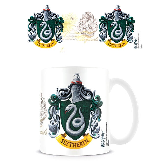 Taza blanca de Harry Potter con escudo de Slytherin