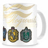 Taza blanca de Harry Potter con escudos de las casas de Hogwarts