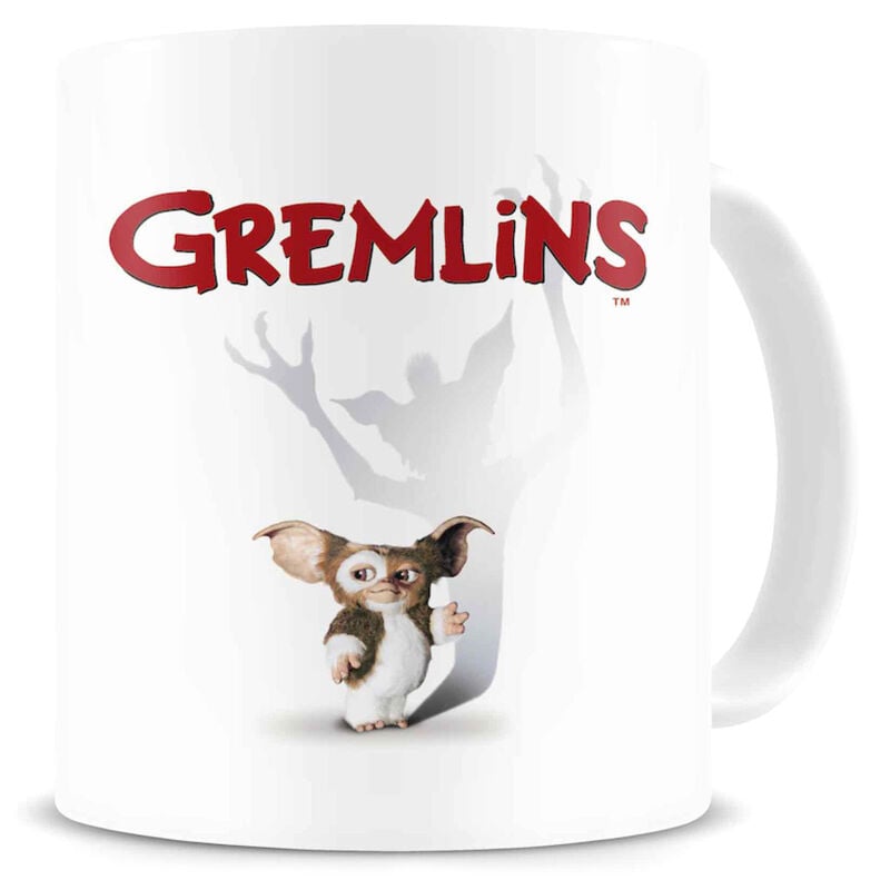 Taza blanca de Gremlins con Gizmo y logotipo rojo