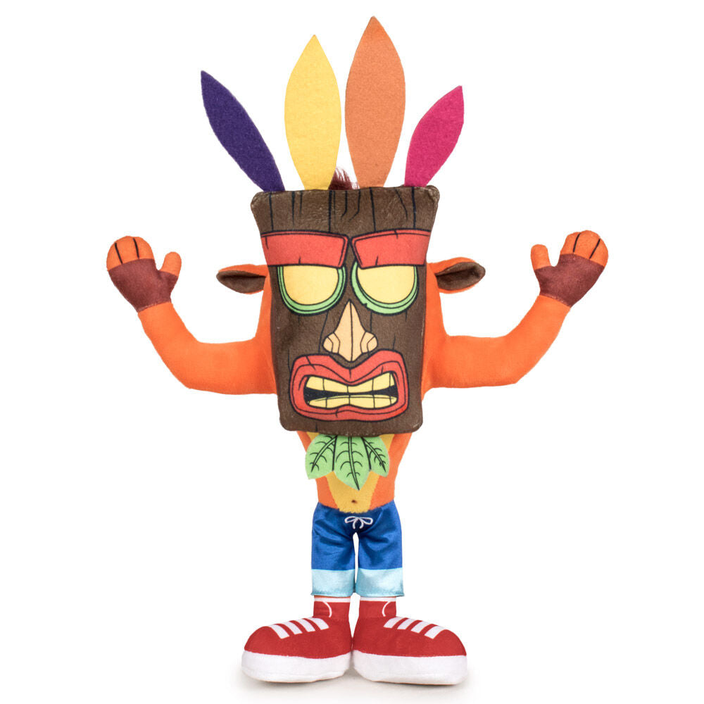 Peluche de Crash Bandicoot con máscara de colores y zapatillas rojas
