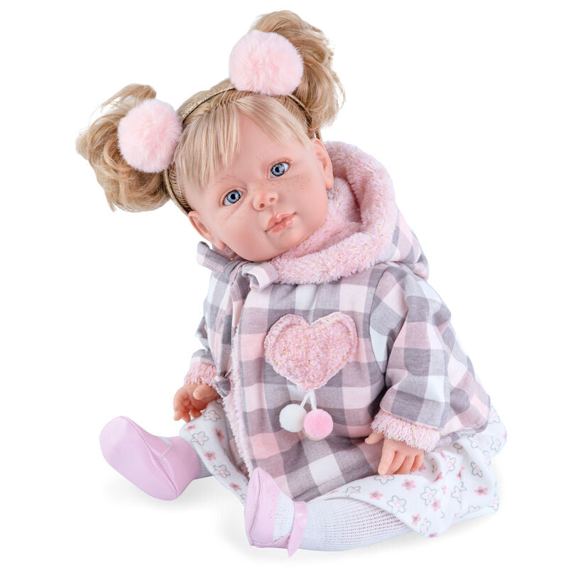 Muñeca Berta de 45 cm con vestido de cuadros rosa y gris