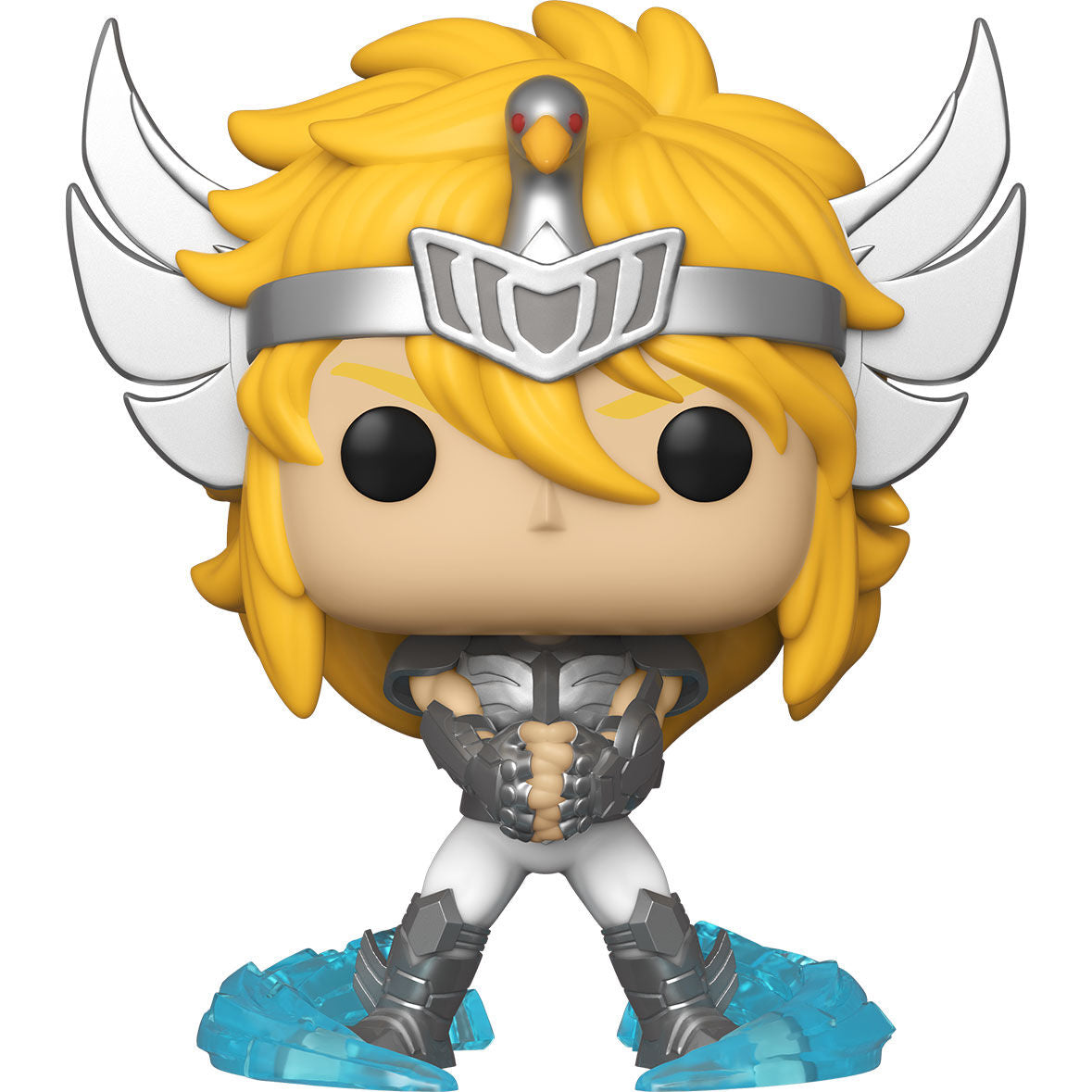 Figura Funko POP de Cygnus Hyoga con armadura y base azul de hielo