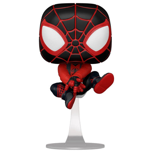 Figura Funko POP de Spider-Man Miles Morales con traje negro y rojo sobre una base