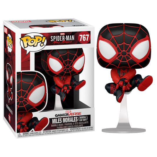 Figura Funko POP de Spider-Man Miles Morales con traje negro y rojo sobre una base - 2