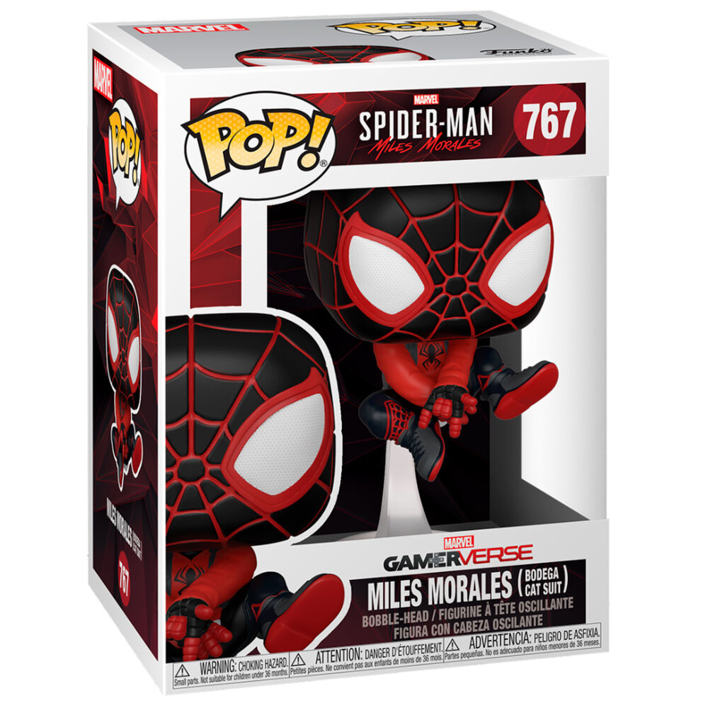 Figura Funko POP de Spider-Man Miles Morales con traje negro y rojo sobre una base - 3