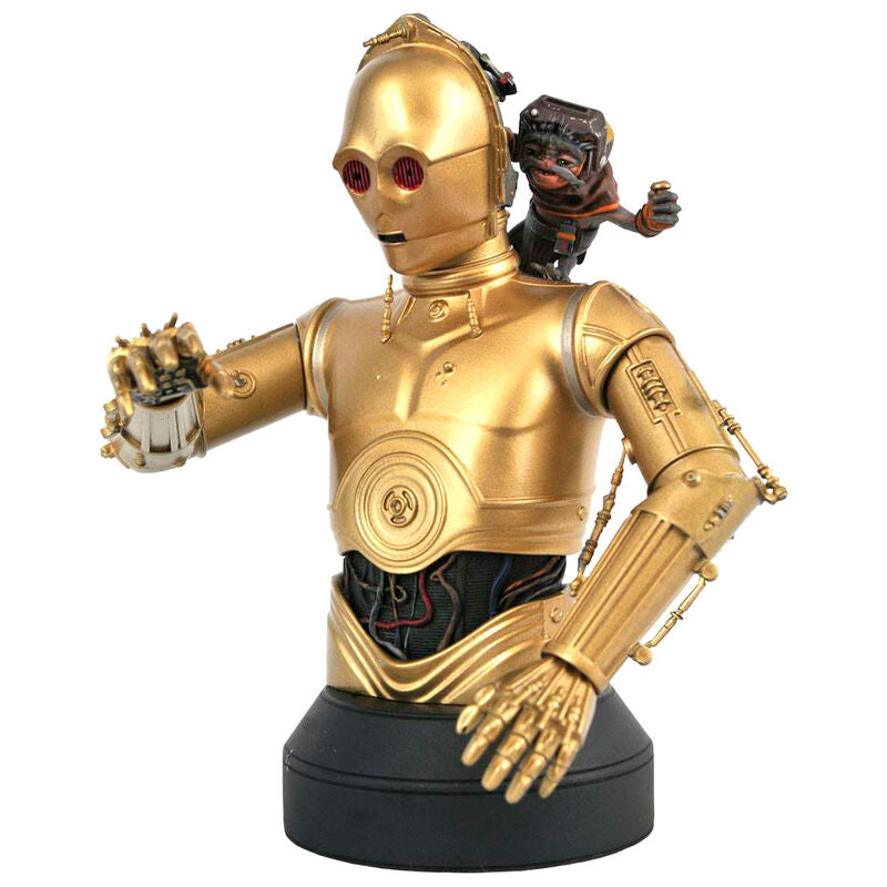 Busto de C-3PO y Babu Frik de Star Wars sobre base negra