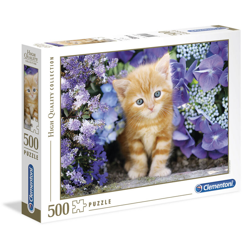Puzzle Clementoni de 500 piezas con un gato rubio entre flores moradas