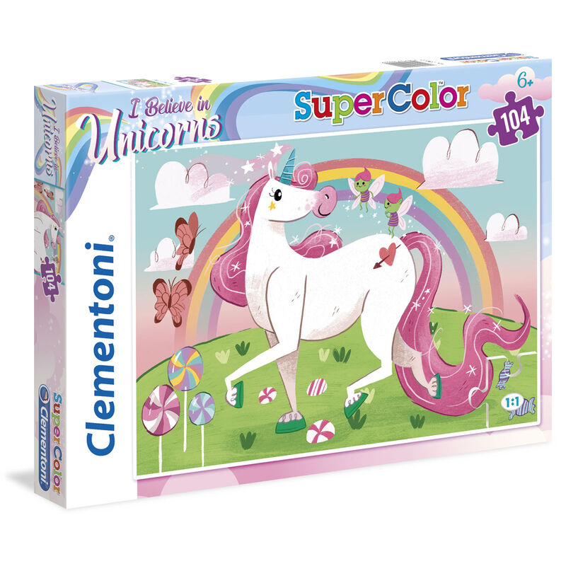Puzzle Clementoni de 104 piezas con unicornio, arcoíris y caramelos