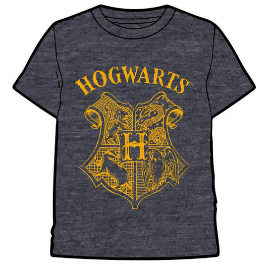 Camiseta gris de Harry Potter con escudo de Hogwarts en amarillo