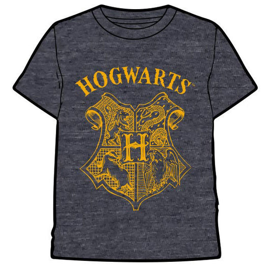 Camiseta gris de Harry Potter con escudo de Hogwarts en amarillo