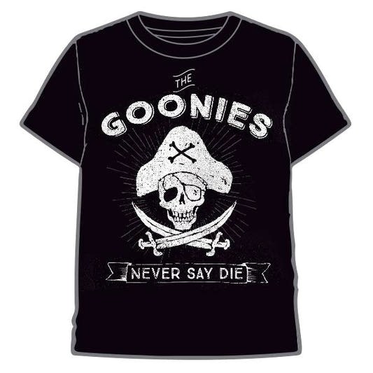 Camiseta negra de The Goonies con calavera pirata y lema Never Say Die