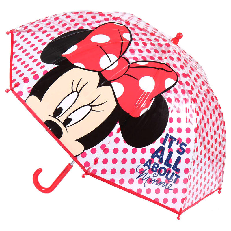 Paraguas transparente de Minnie Disney con lunares rosas y mango rojo