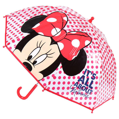 Paraguas transparente de Minnie Disney con lunares rosas y mango rojo