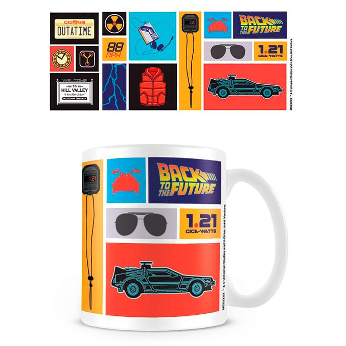 Taza blanca de Regreso al Futuro con collage del DeLorean