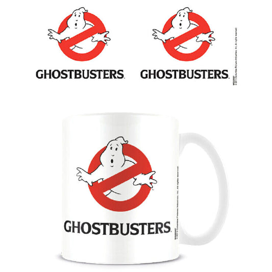 Taza blanca Ghostbusters con logo clásico en rojo y negro