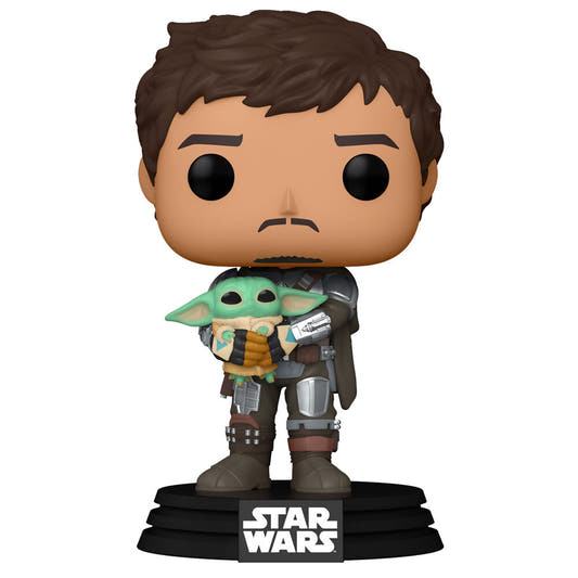 Figura Funko POP! de Mando sosteniendo a Child sobre una base de Star Wars
