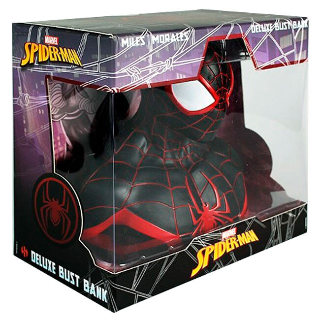 Busto hucha de Miles Morales Spider-Man de Marvel en negro y rojo