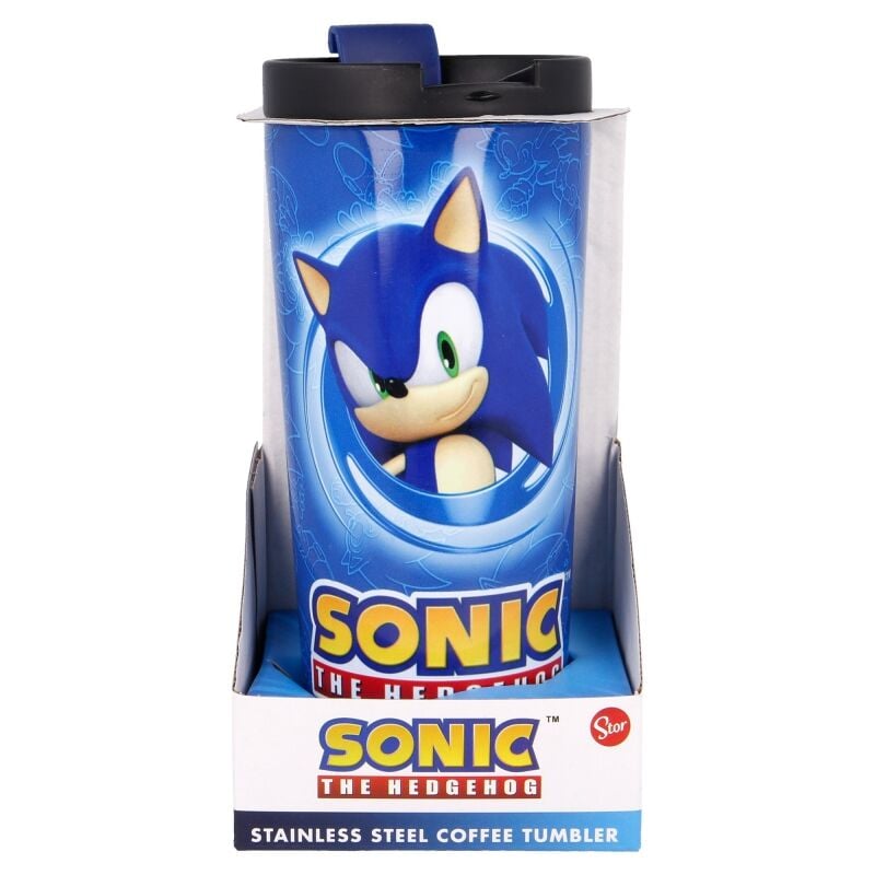 Vaso azul de acero inoxidable de Sonic The Hedgehog con tapa negra