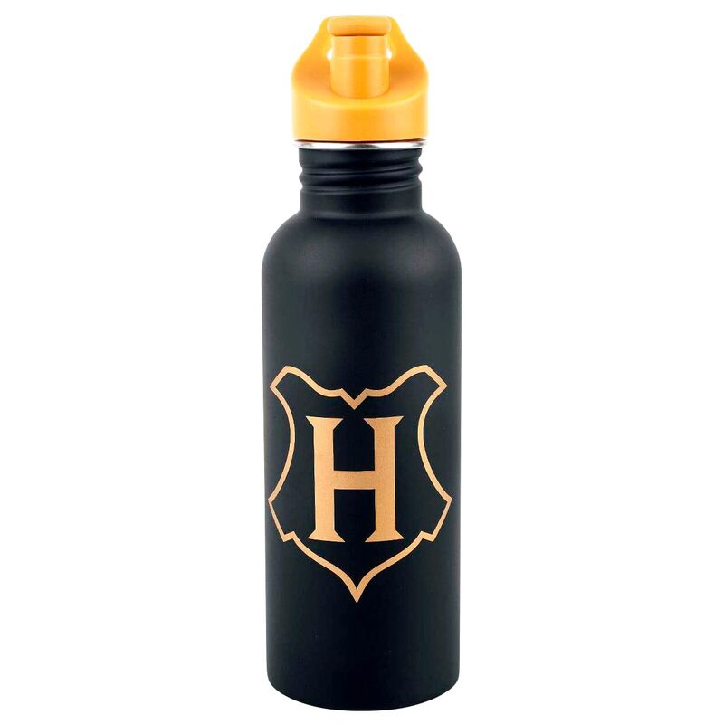 Botella negra de Hogwarts Harry Potter con escudo dorado y tapón naranja