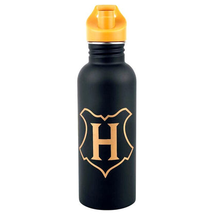 Botella negra de Hogwarts Harry Potter con escudo dorado y tapón naranja