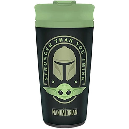 Taza de viaje negra de The Mandalorian con Grogu y tapa verde